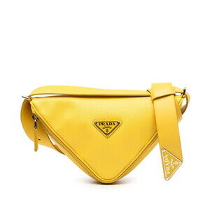 Prada Triangle Shoulder Bag Logo Plate Yellow Leather Saffiano